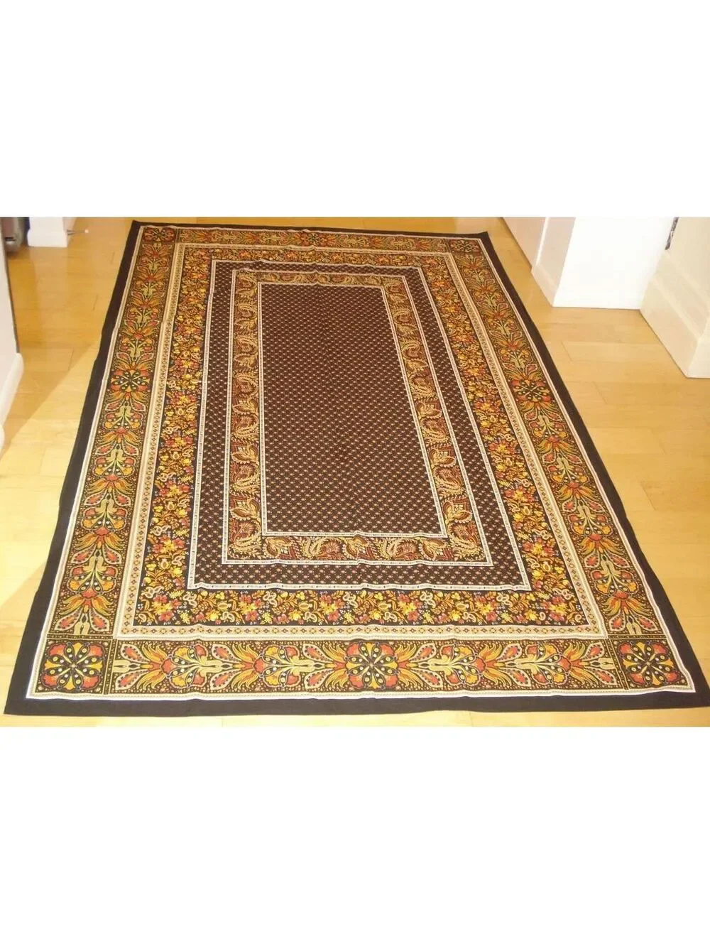 French Orange, Blk, Red & Yellow Floral & Leaf Cotton Tablecloth 95.5